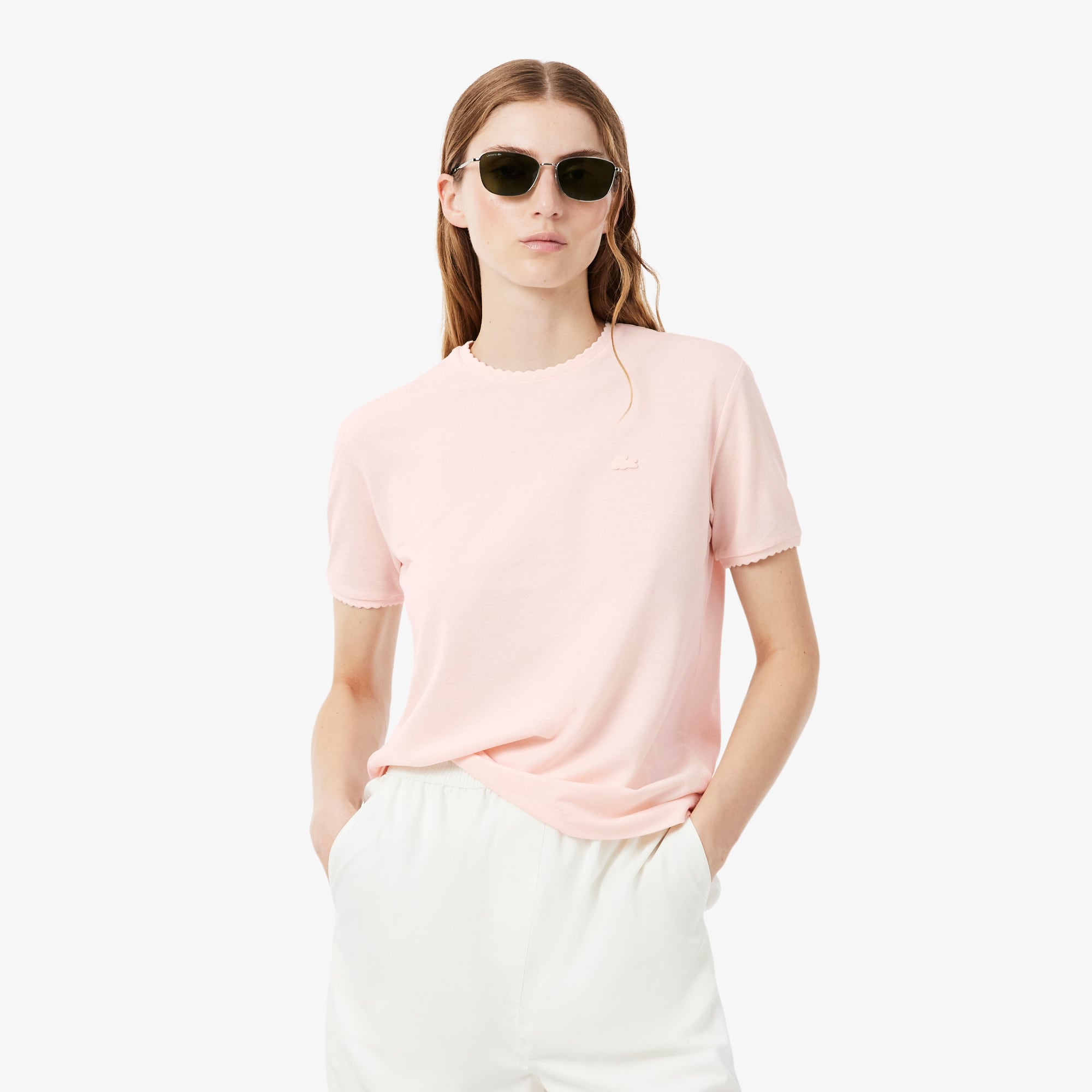 Lacoste T-shirt Piqué fluide finitions festonnées Taille 36 Rose