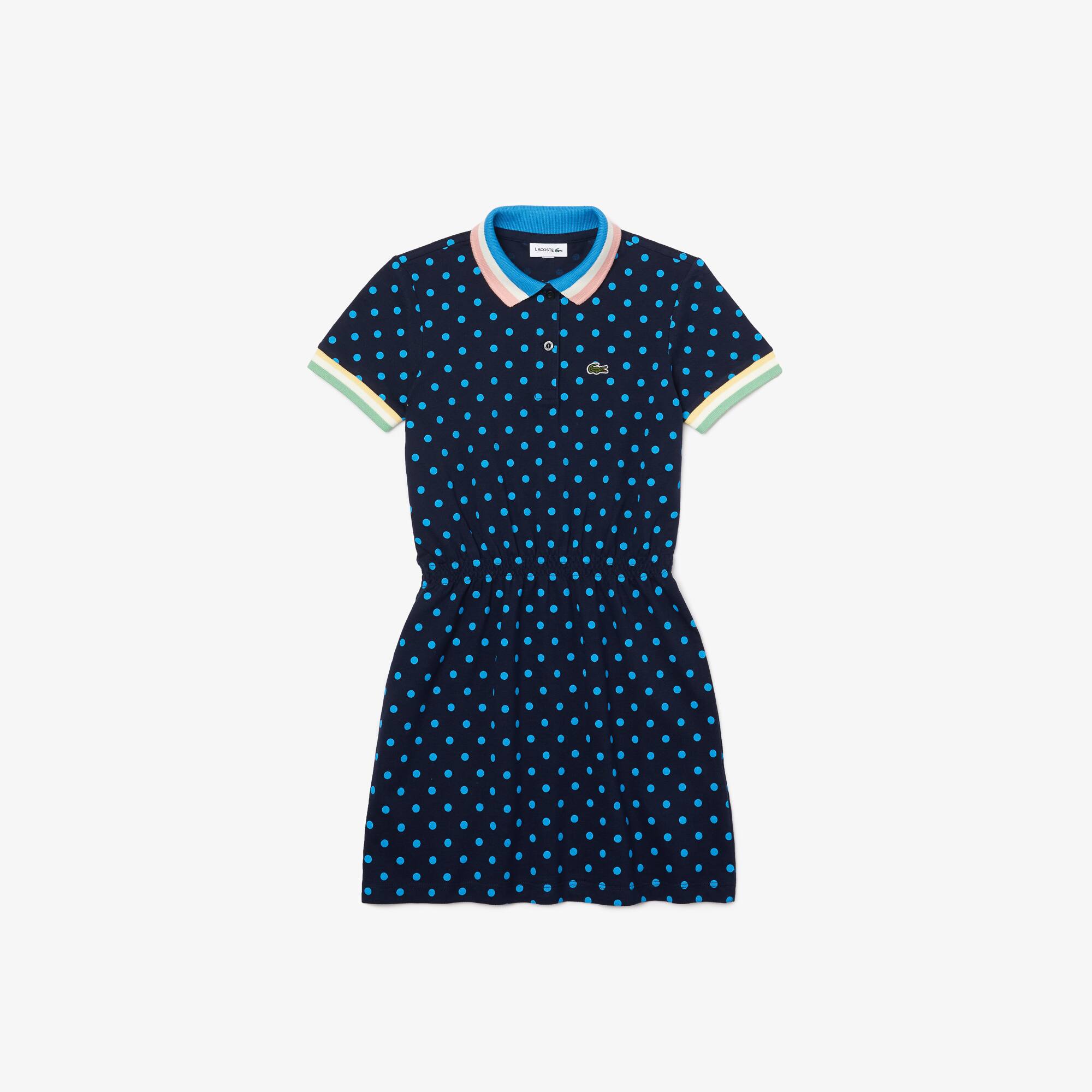 Lacoste Robe polo Fille en piqué de coton à pois Taille 12 ans Bleu Marine / Blanc