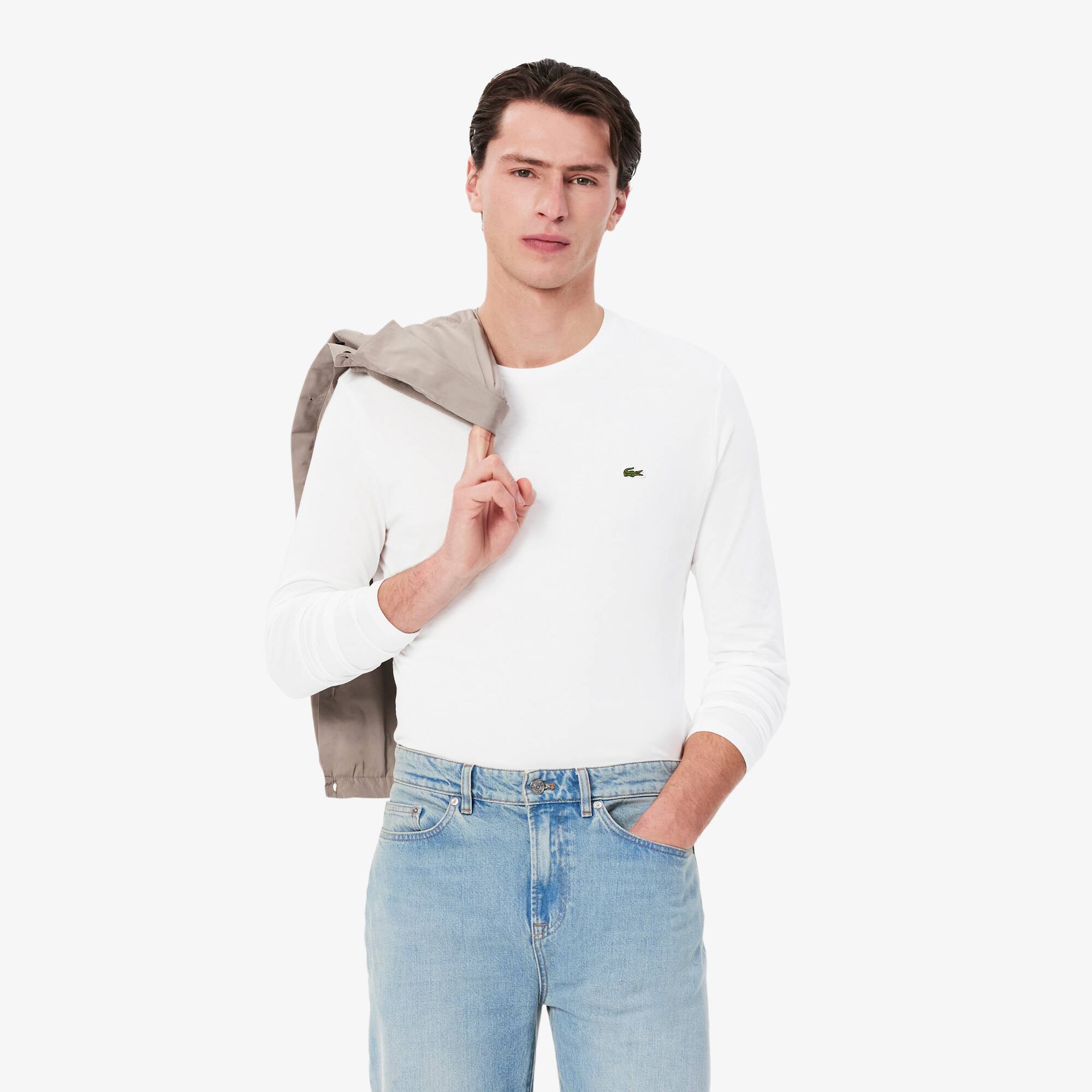 Lacoste T-shirt col rond manches longues en jersey de coton pima uni Taille 9 - 4XL Blanc