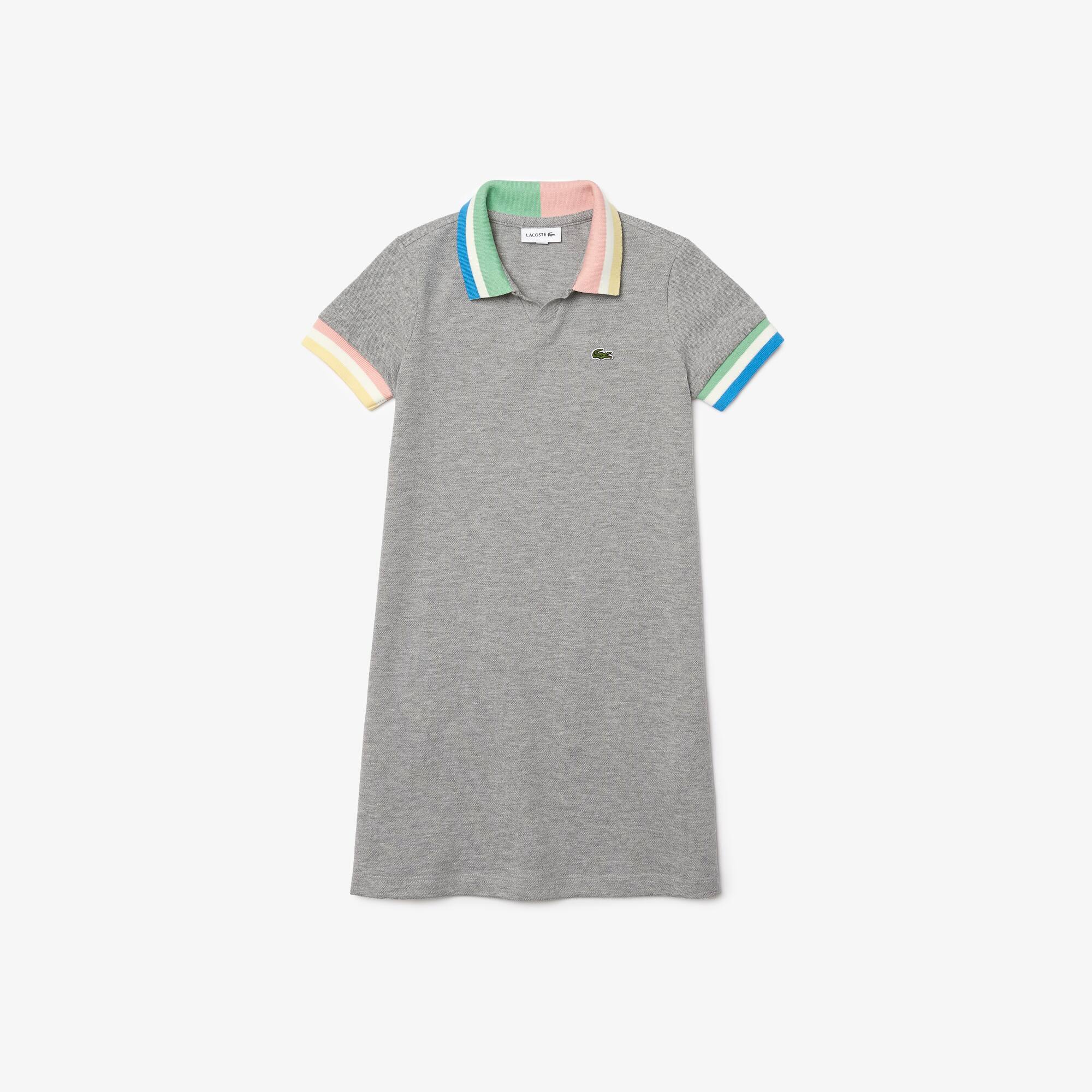 Lacoste Robe polo Fille en piqué de coton avec détails color-block Taille 5 ans Gris Chine / Blanc