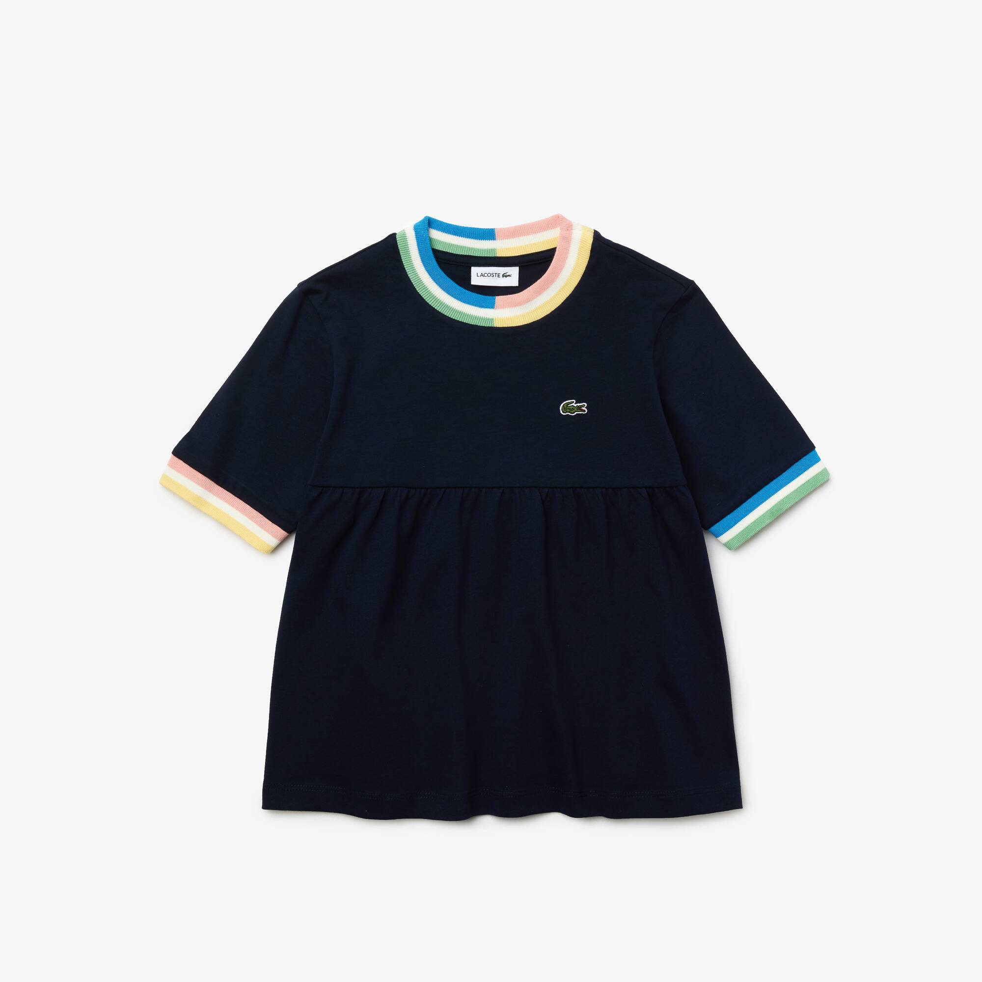 Lacoste T-shirt Fille volanté en coton avec détails rayés Taille 8 ans Bleu Marine / Blanc