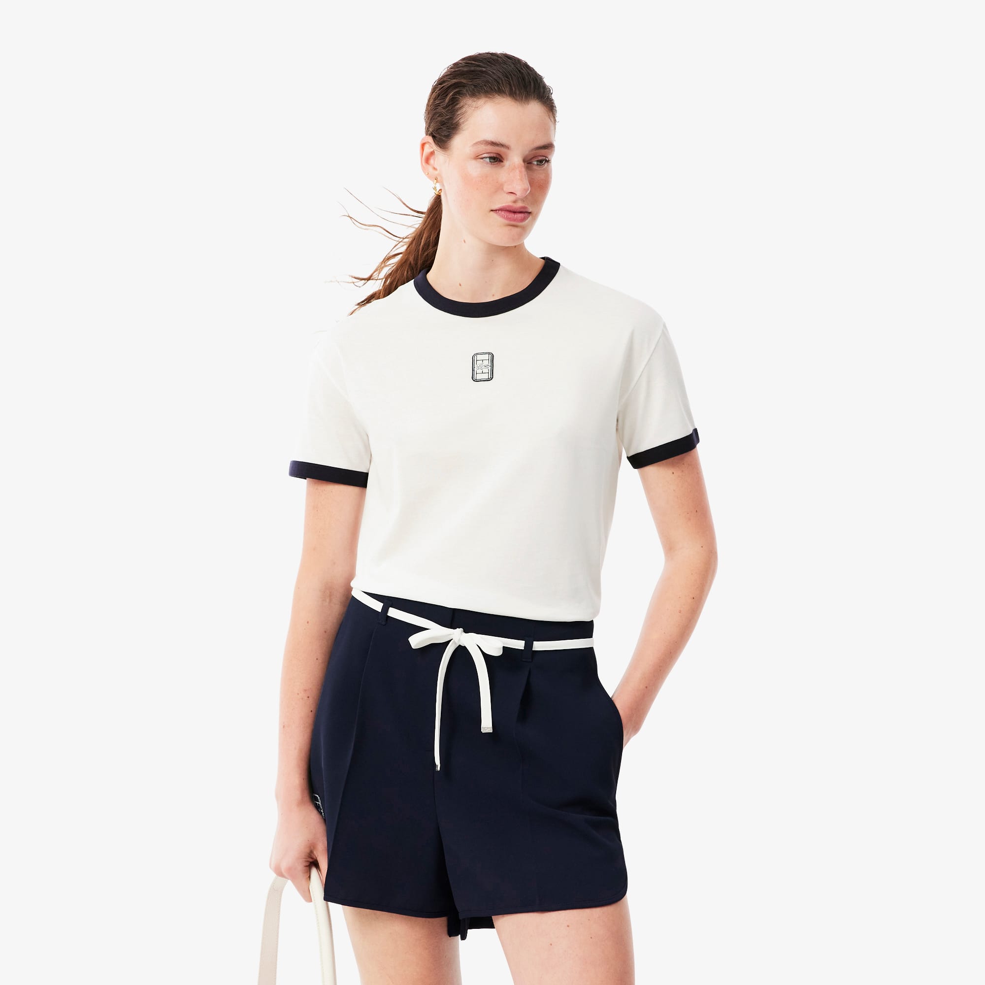Lacoste T-shirt jersey badge brodé Taille 40 Blanc/bleu Marine