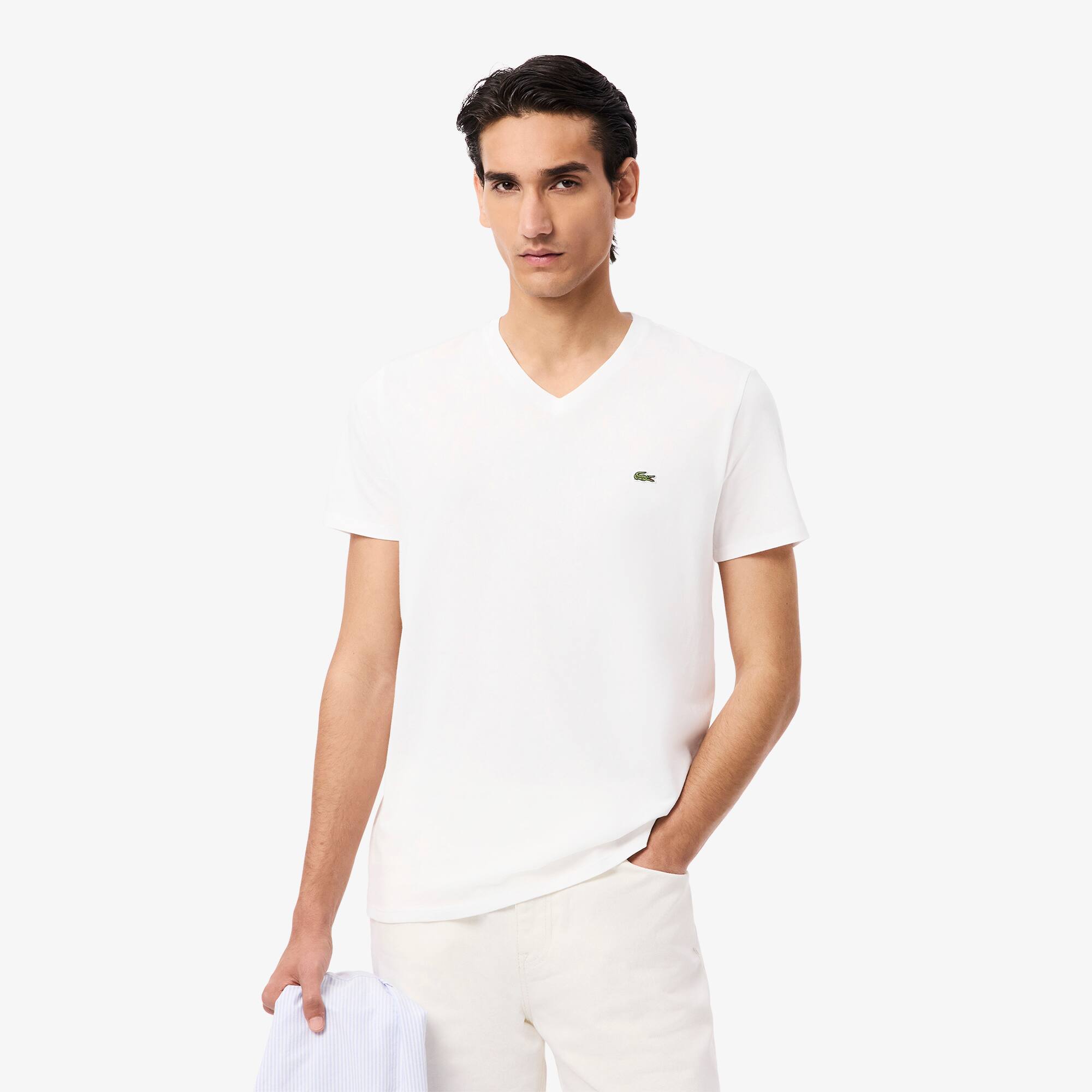 Lacoste T-shirt col V en jersey de coton pima uni Taille 9 - 4XL Blanc
