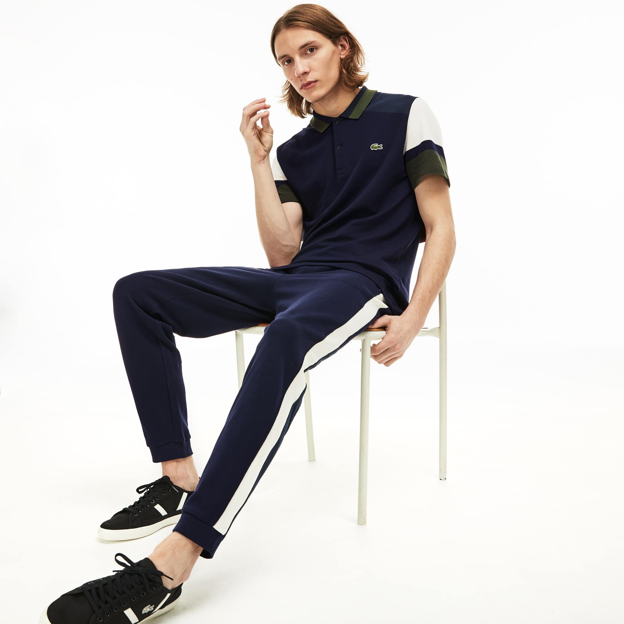 Lacoste Bas de jogging en molleton piqué color-block Taille 2 - XS Bleu Marine / Blanc