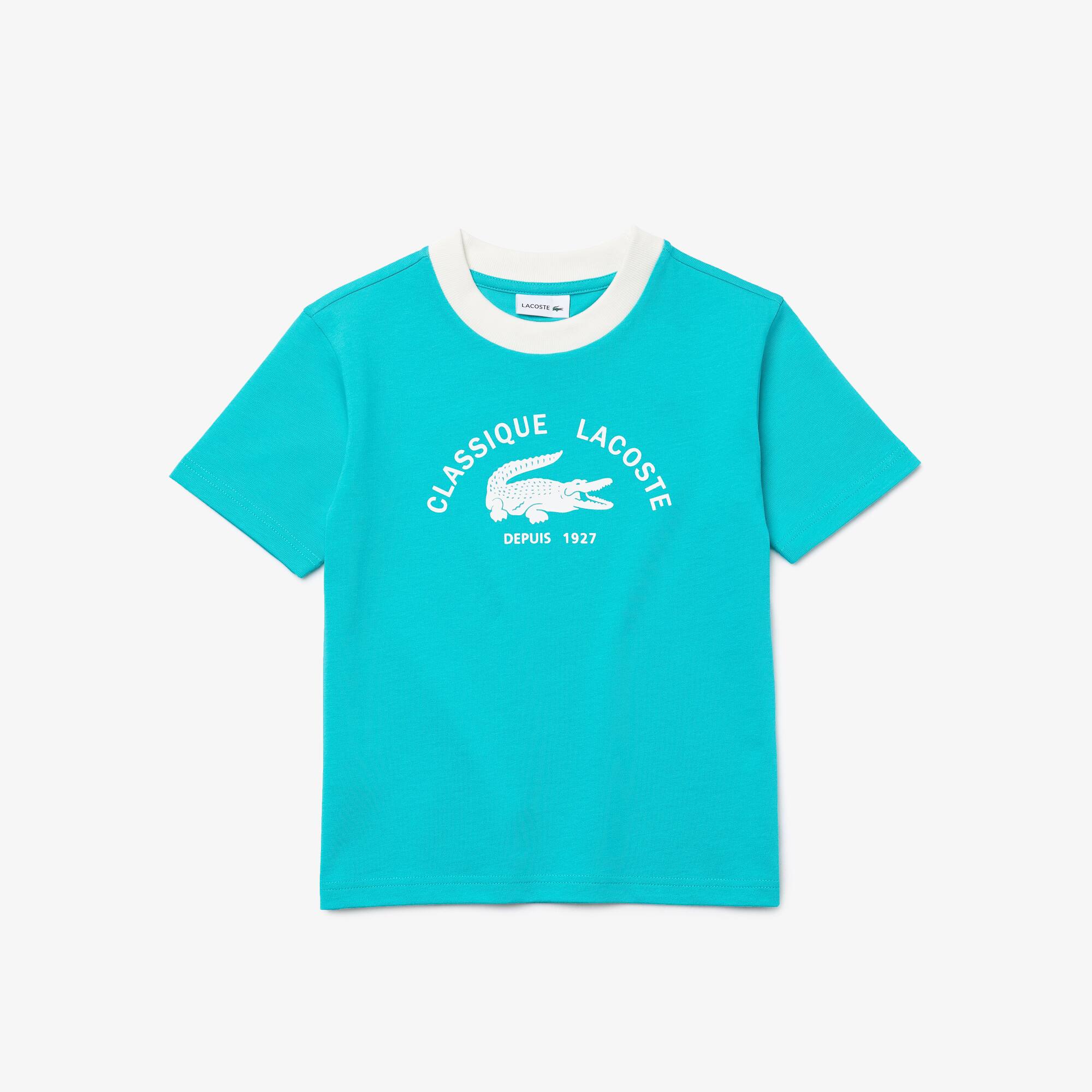 Lacoste T-shirt Fille à col rond contrasté en coton léger imprimé Taille 3 ans Turquoise / Blanc