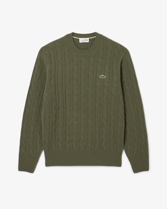 Cable Knit Carded Wool Crew Neck Sweater