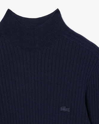 High Neck Ribbed Knit Merino Wool Sweater