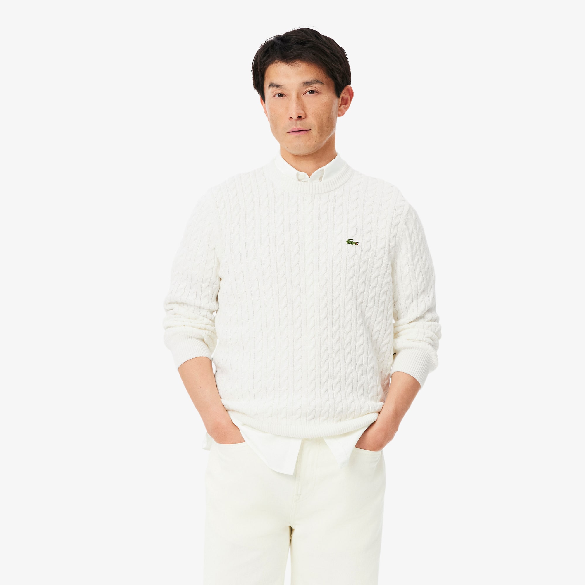 Lacoste Cable Knit Cotton Sweater Size 3 - S White / Green