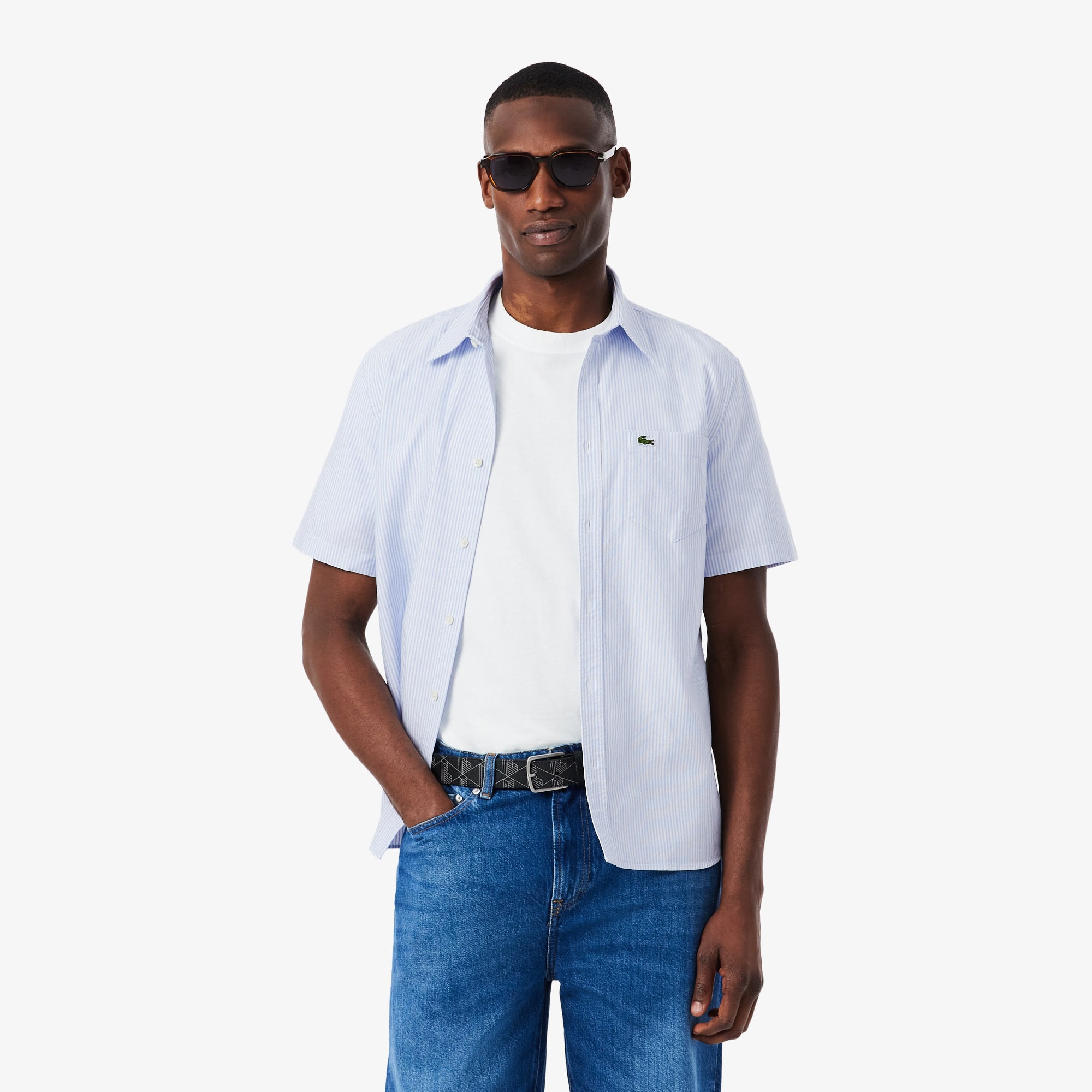 セオリー 24SS STRETCH OXFORD COLLARLESS VT Mens Collarless Oxford Shirt in Blue - Oxford Shirt Co.