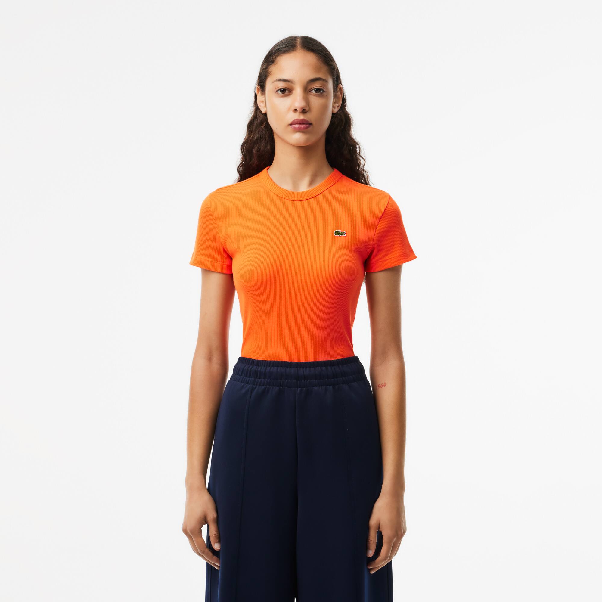 LACOSTE スリムフィット オレンジシャツ US XS ラコステ LACOSTE スリムフィット襟ロゴ比翼ポロ （オレンジ