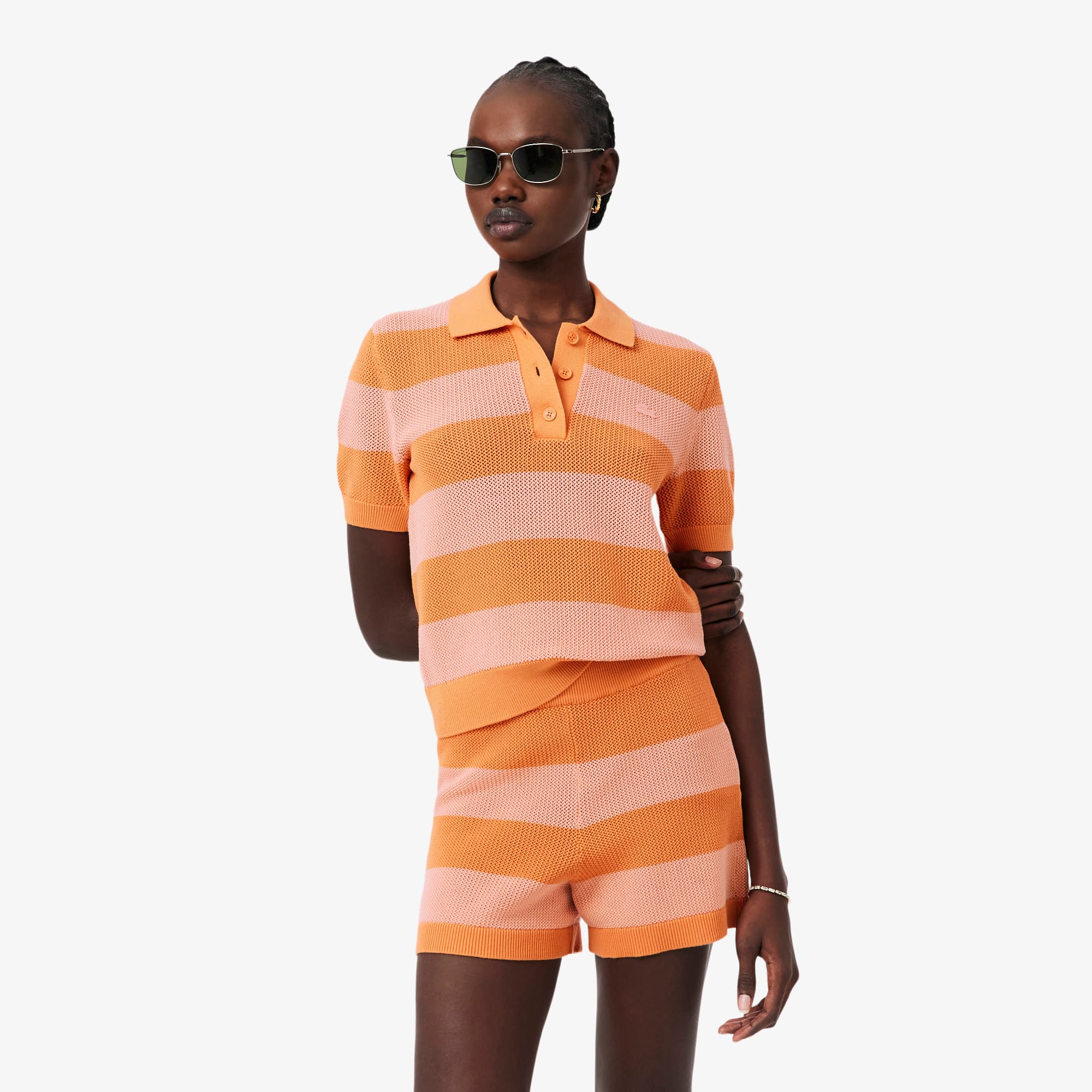 Striped Mesh Knit Polo Collar Sweater - Women's Knitwear - New In