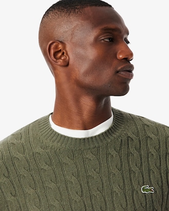 Cable Knit Carded Wool Crew Neck Sweater
