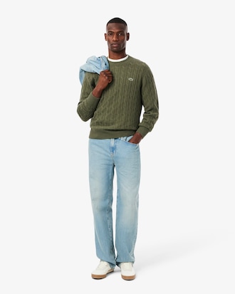 Cable Knit Carded Wool Crew Neck Sweater