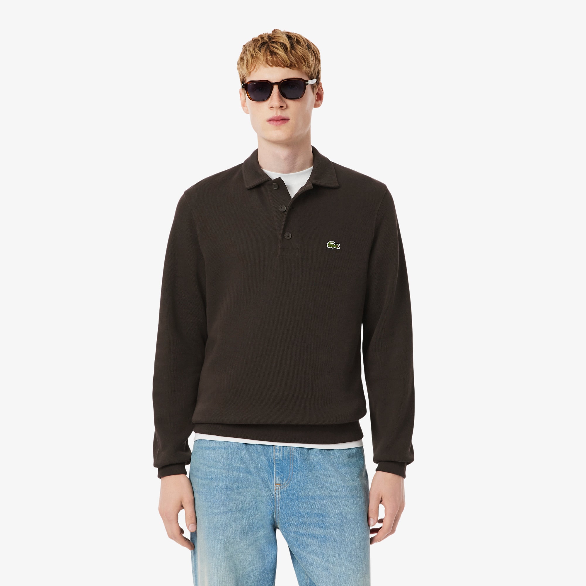 Ribbed Cotton Polo Collar Sweatshirt