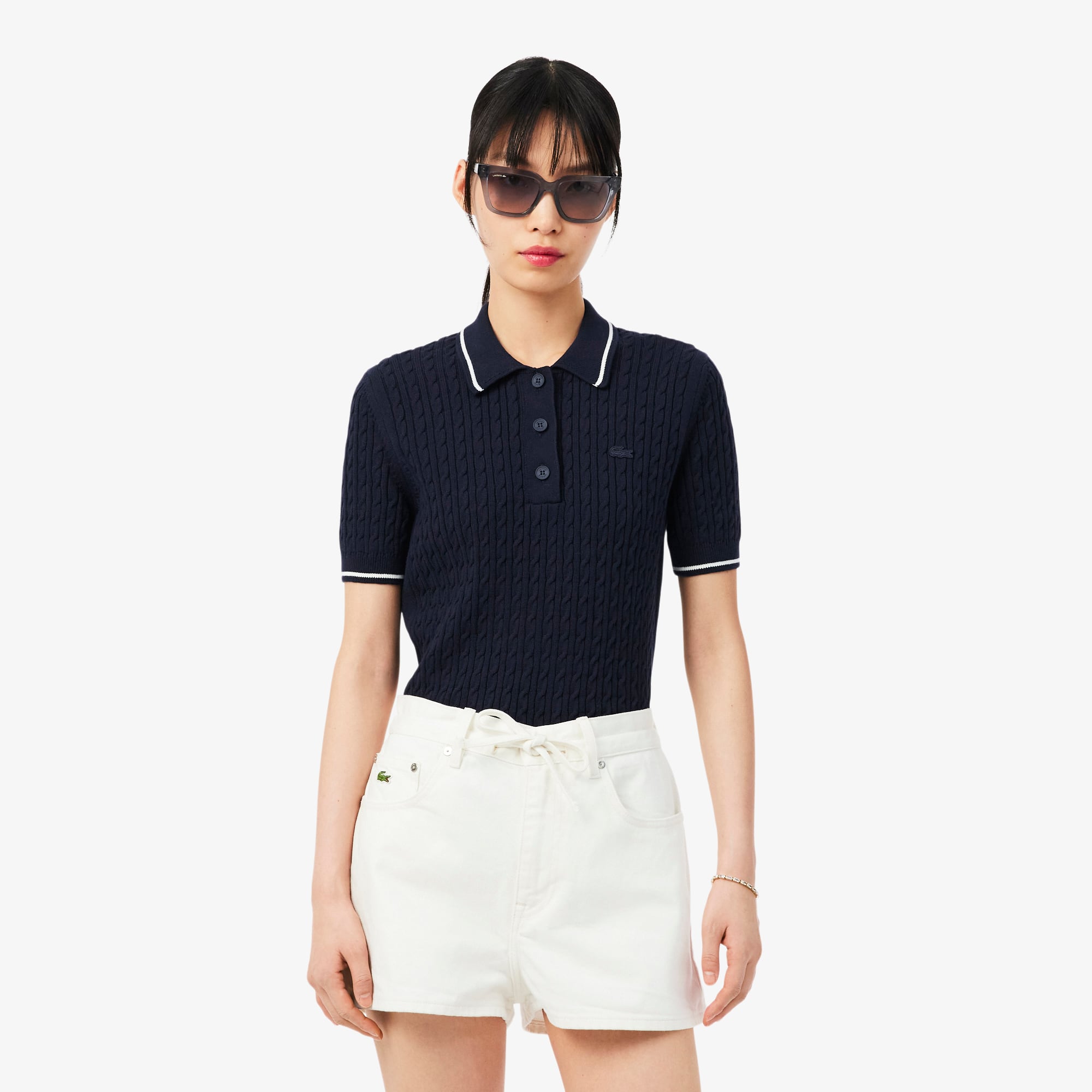 Striped Cable Knit Polo Collar Sweater - Women's Knitwear - New In