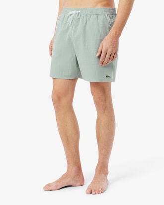 Mid Length Striped Textured Swim Trunks