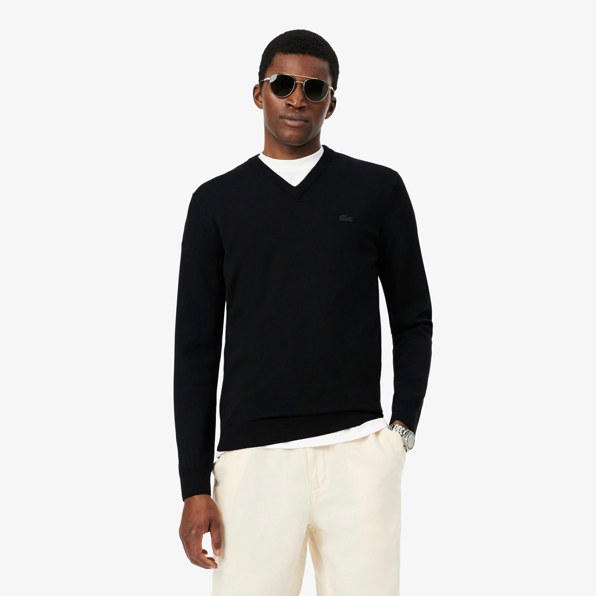 Merino Wool Monochrome V Neck Sweater - Men's Knitwear - New In