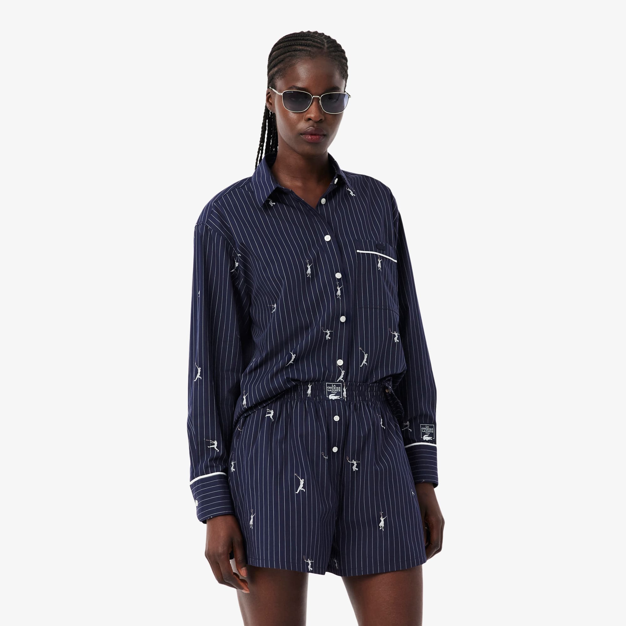 【新品・未使用】MANOF PURSE COLLAR SHIRT ネイビー Oversized Shirt with Jacquard Motifs - Women's Shirts & Tops - New
