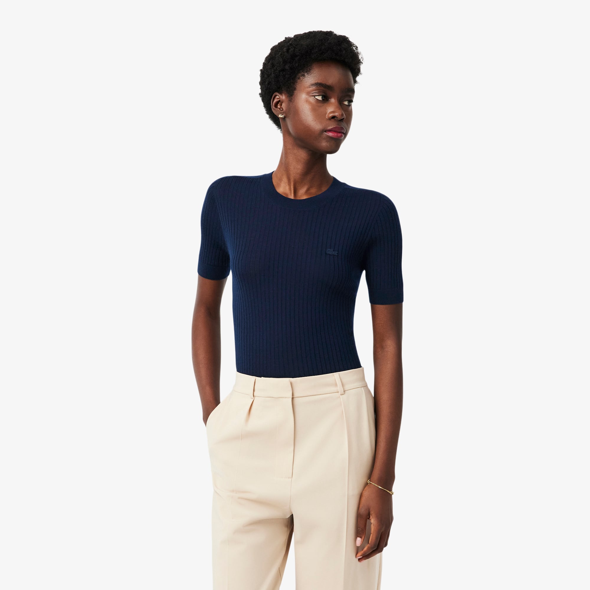 Short Sleeved Merino Wool Rib Knit Sweater - Women's Knitwear