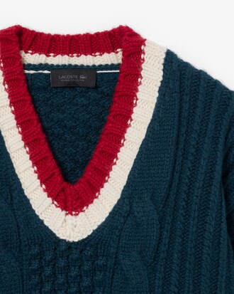 Runway Textured Stripe Wool V Neck Sweater