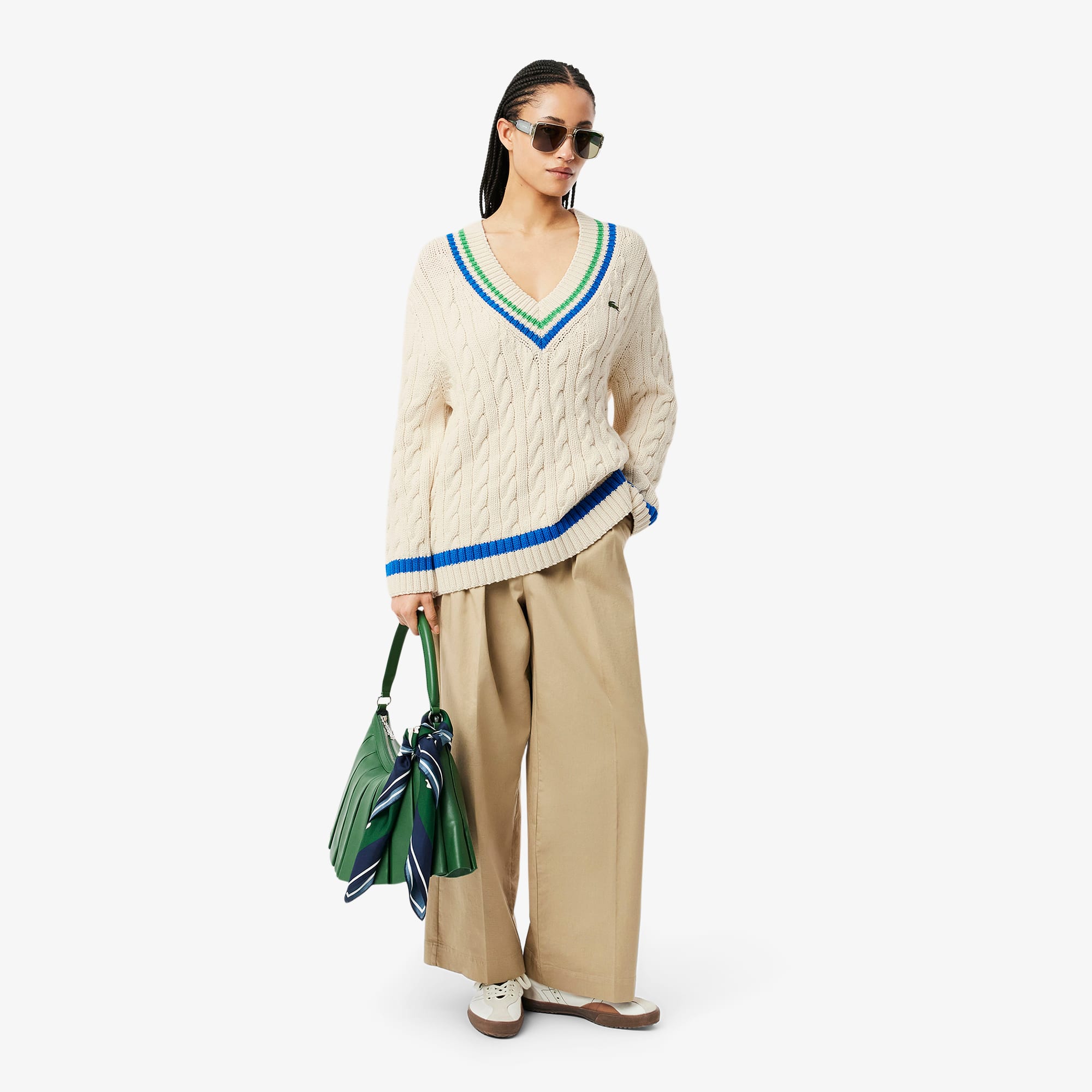 Women's V-Neck Cable Knit Cotton Tennis Sweater - Sweaters