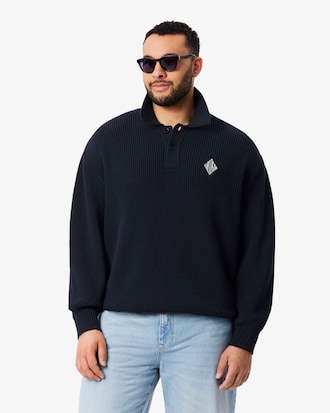 Badge Accent Pearl Rib Polo Collar Sweater