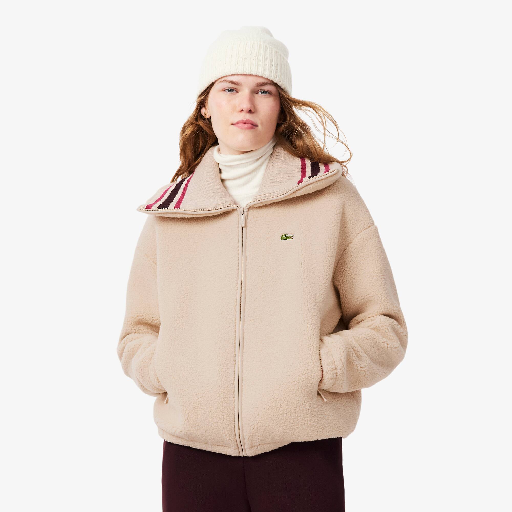 Oversized Striped Ribbed Collar Sherpa Jacket - undefined - New In