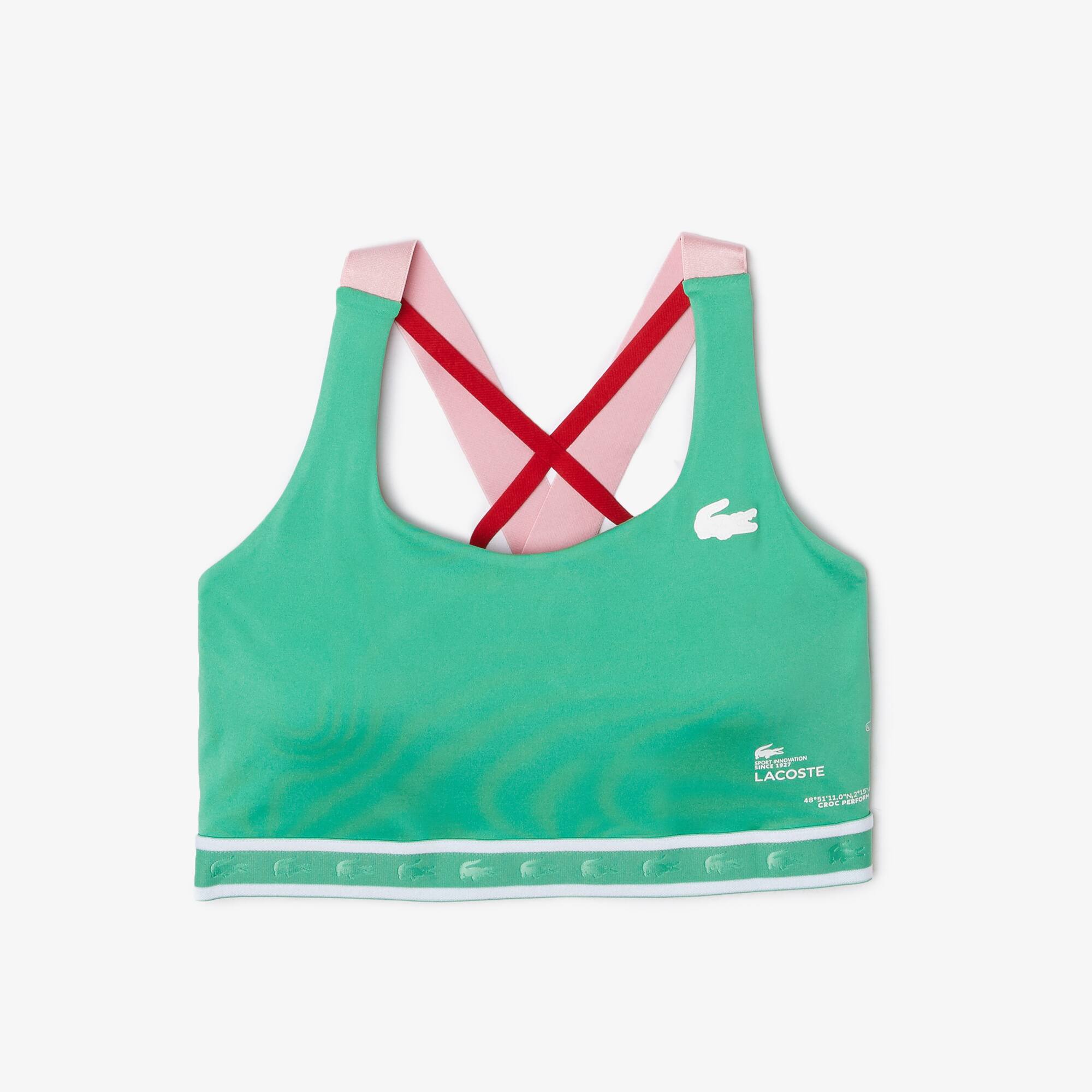Women's Lacoste Sport Criss-Crossing Straps Sports Bra Size 5 - L Green / Pink / Red