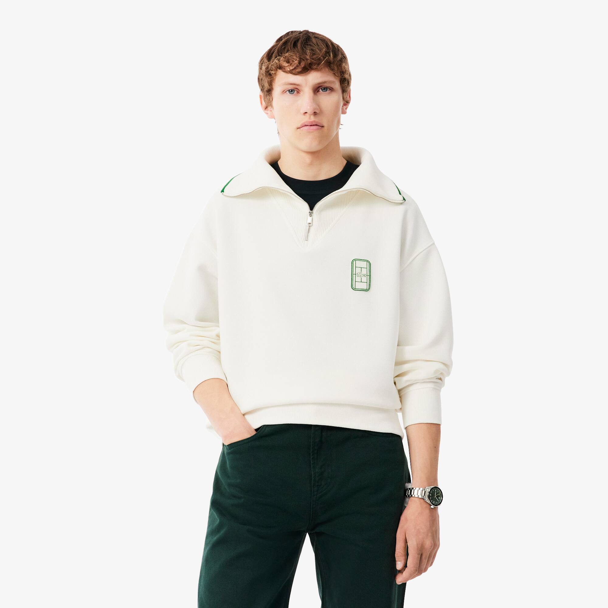 Loose Fit High Zipped Neck Badge Accent Sweatshirt - Men's