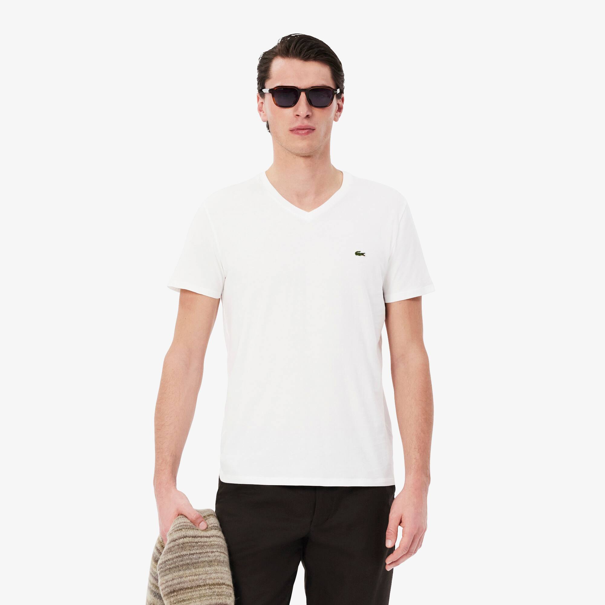 lacoste men's v-neck striped t-shirt