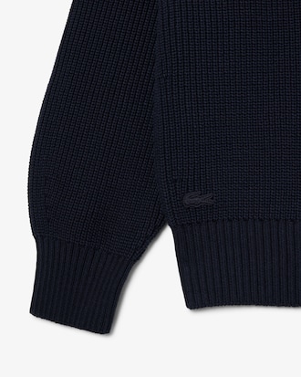 Badge Accent Pearl Rib Polo Collar Sweater