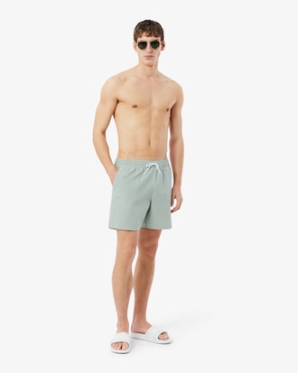 Mid Length Striped Textured Swim Trunks