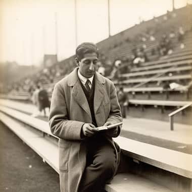 Man in a tennis stadium, 1920s. AI-generated image using MidJourney.