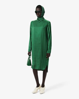 Runway Printed Satin Scarf Neck Dress