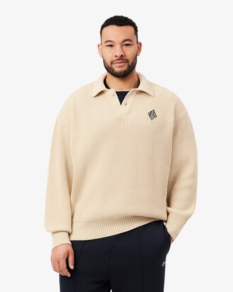 Badge Accent Pearl Rib Polo Collar Sweater