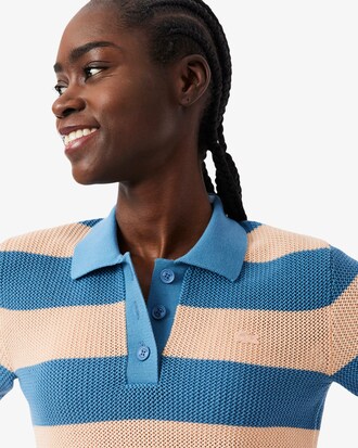 Striped Mesh Knit Polo Collar Sweater