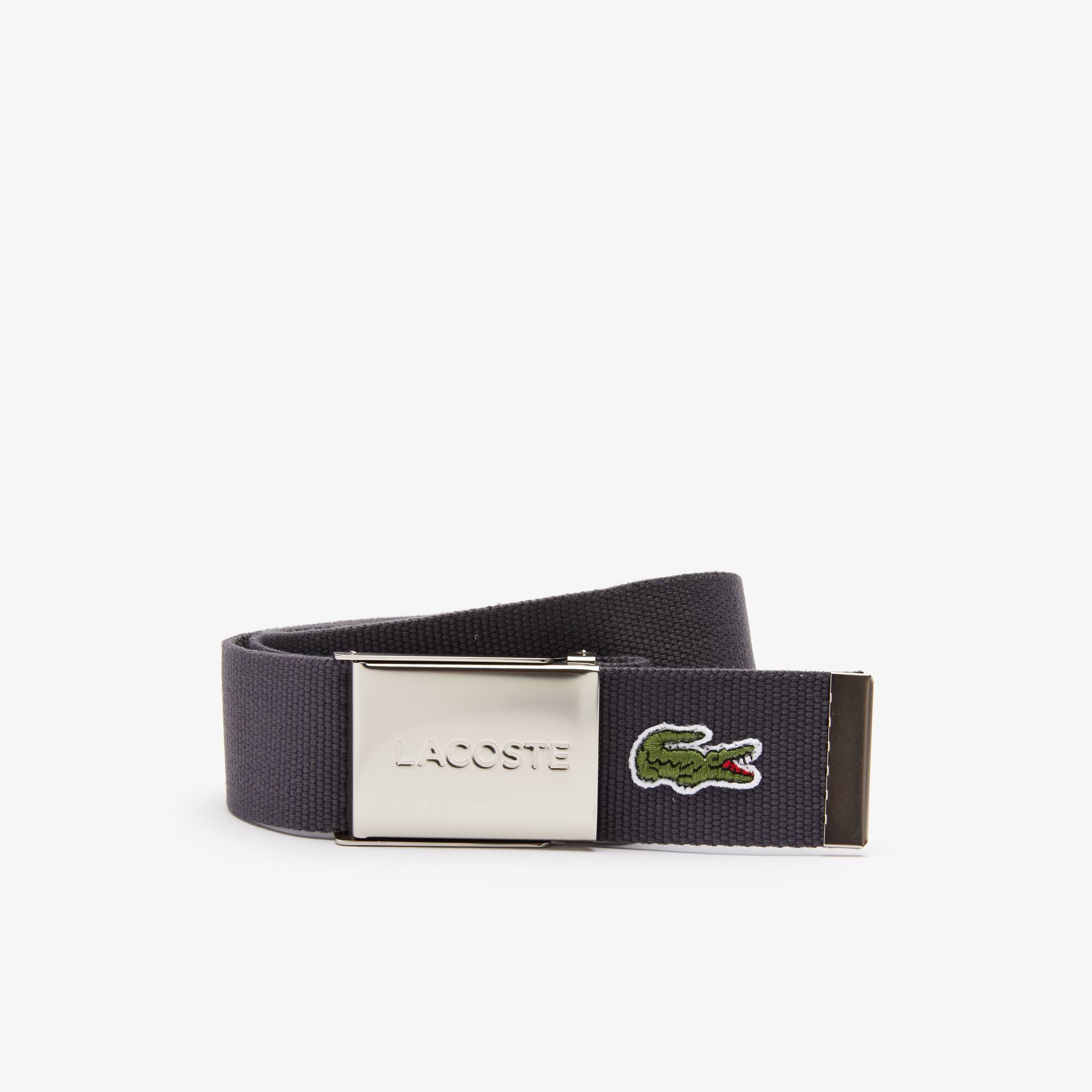 Lacoste Men's Made in France Lacoste Engraved Buckle Woven Fabric Belt. 1 Lacoste Men's Made in France Lacoste Engraved Buckle Woven Fabric Belt. 1