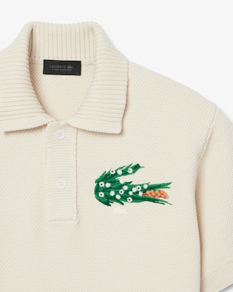Runway Floral Crocodile Polo Collar Piqu&eacute; Sweater