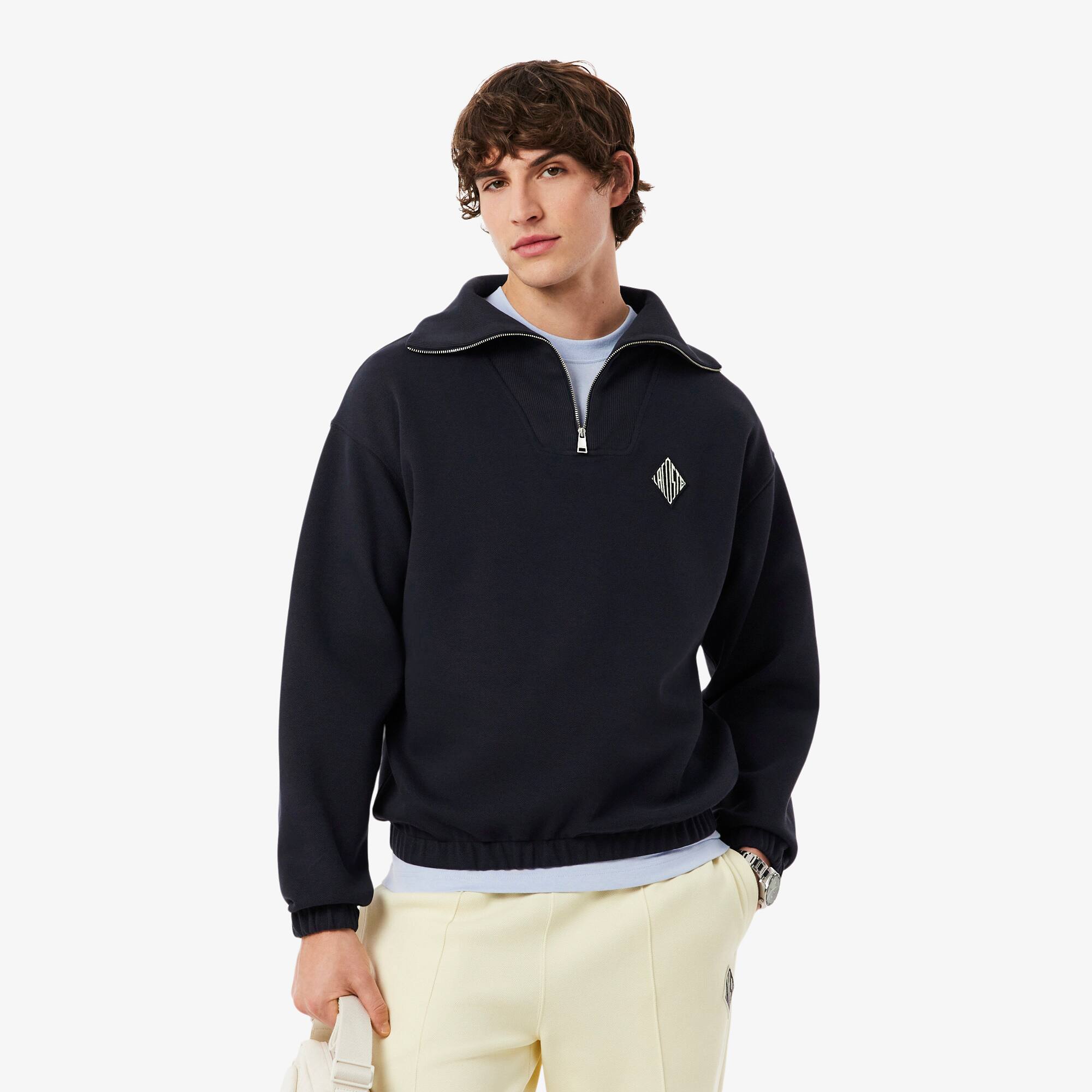 Loose Fit Zipped Neck Piqué Sweatshirt - Men's Sweatshirts - New