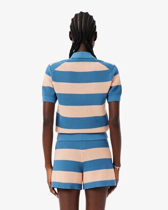 Striped Mesh Knit Polo Collar Sweater