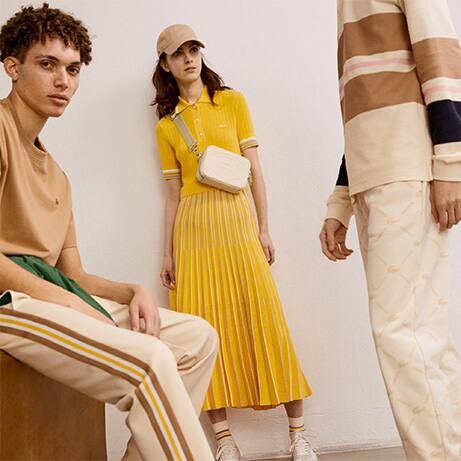 Yellow polo dress for women and beige, brown and yellow tracksuits for men