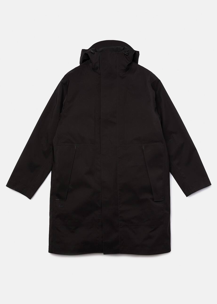 Lacoste mittellanger schwarzer Wollkapuzenmantel