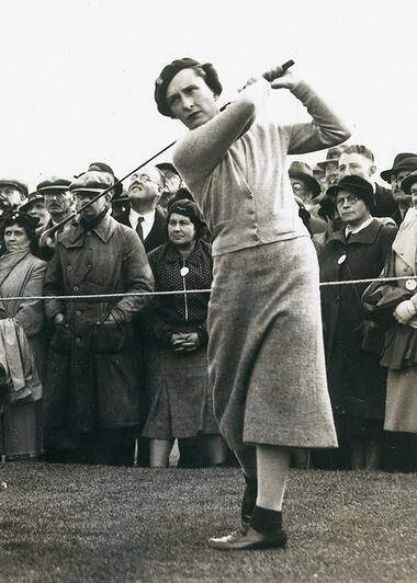 Simone Thion de la Chaume on the first tee at Maylands Golf Course, Harold Wood, 1938.