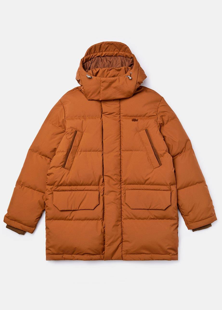 Lacoste men's mid-length ochre puffer coat