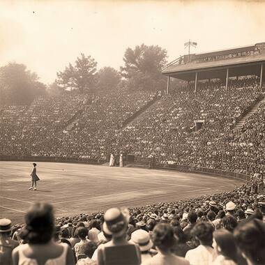 Helen Wills jugando, Forest Hills Stadium, Nueva York, 1923. Imagen generada por IA utilizando MidJourney.