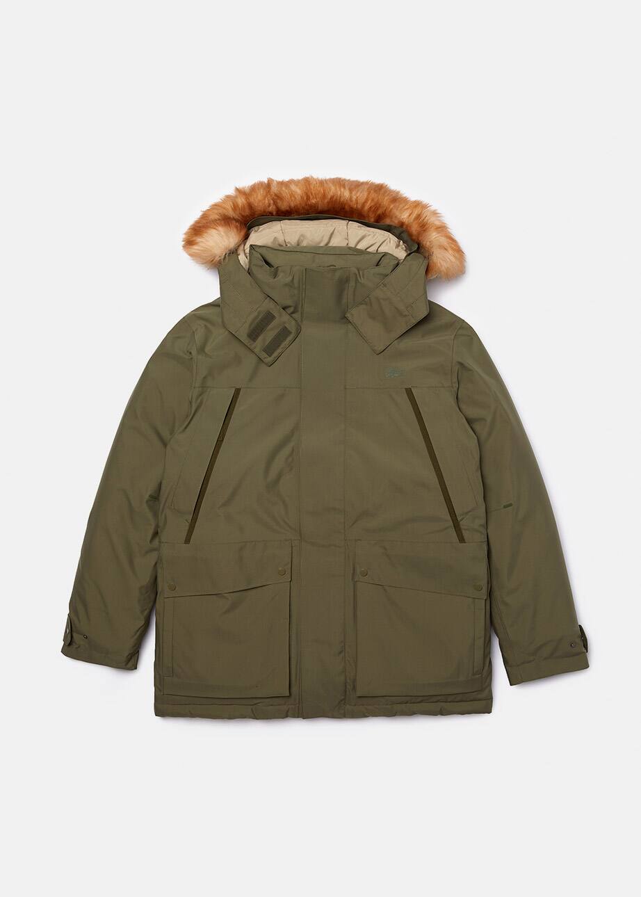 Parka mi-longue kaki avec capuche en fausse fourrure
