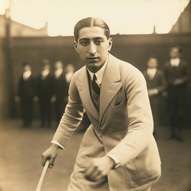 Joueur de tennis années 20. Image générée par IA avec MidJourney.