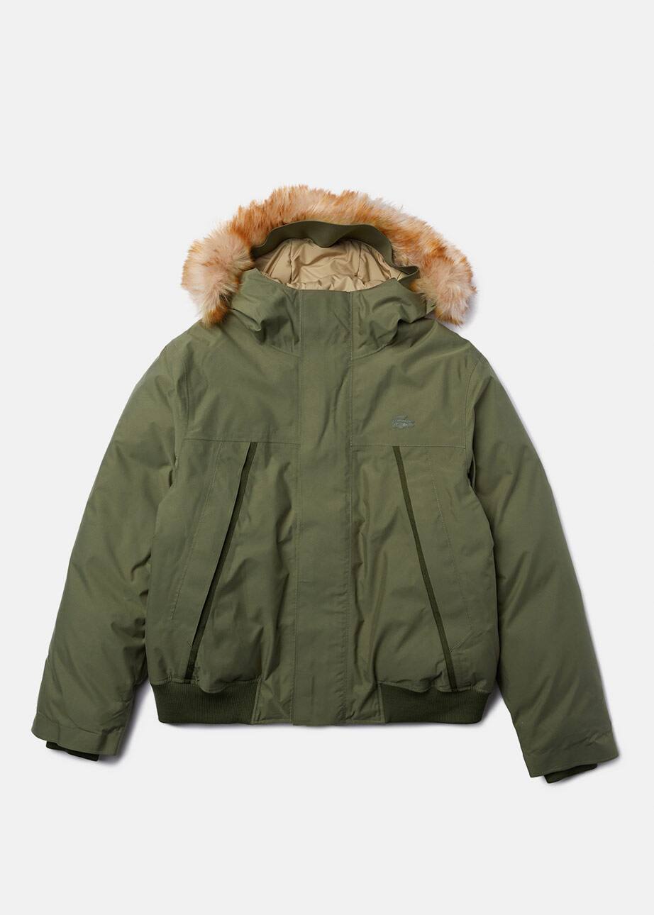 Parka courte kaki avec capuche en fausse fourrure