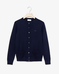 Damen-Cardigan aus Wolle mit Kontrast-Rand und Rundhals