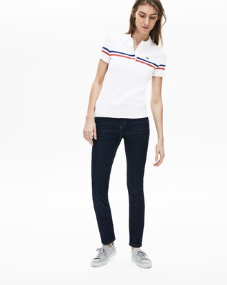 Damen Slim Fit MADE IN FRANCE dreifarbig gestreiftes Poloshirt